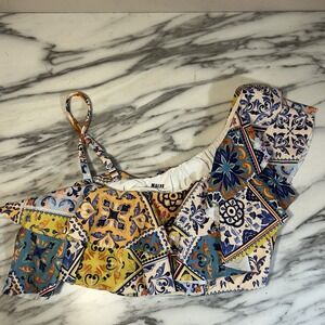Anthropologie Maeve Julie One-Shoulder Ruffle Bikini Top Swimsuit Patchwork Boho
